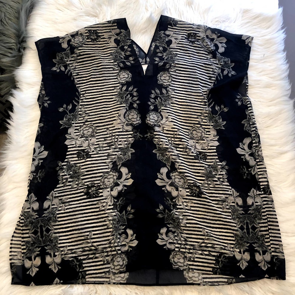 cabi striped floral black white sheer blouse size medium